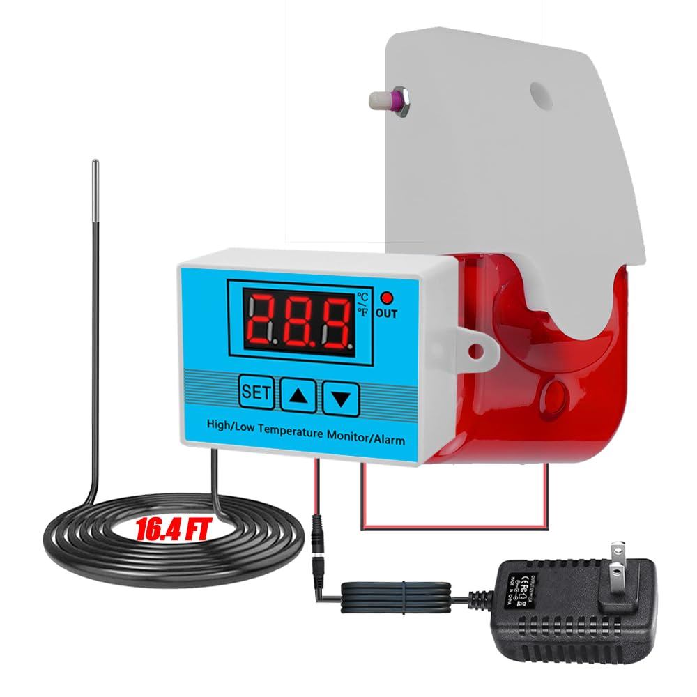 12V High/Low Temperature Monitor, Temperature Sensor with 5M Waterproof Probe, 0~120dB Adjustable Audible/Visual Freezer
