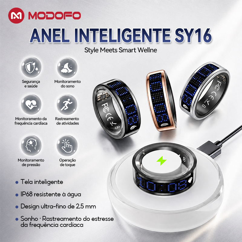 MODOFO Smart Ring Touch Display Heart Rate Sleep Monitor SpO2 IP68 Waterproof Fitness 7-Day Battery for iOS Android