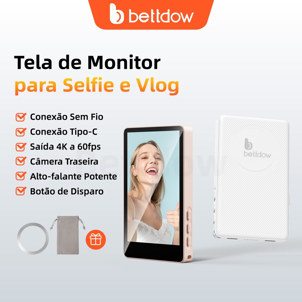 Monitor de selfie sem fio BETTDOW para vlogs com iPhone e Android, tela magnética para selfies e vlogs.