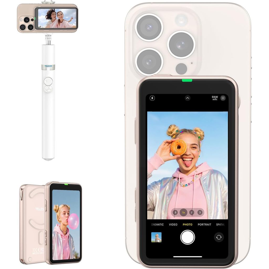 Zoom Vlog Selfie Monitor Screen for Phone,TELESIN Magnetic Back Camera Monitor iPhone 11-17 Series & Android,Wireless iP