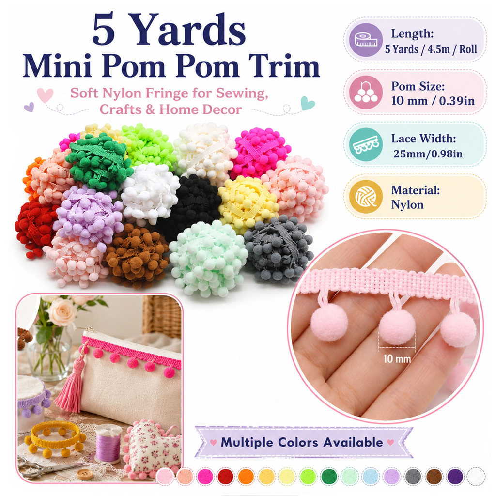 5-yard mini pearl pom-pom tassel trim, 10mm – fluffy ball lace ribbon, perfect for home decor and DIY gift wrapping