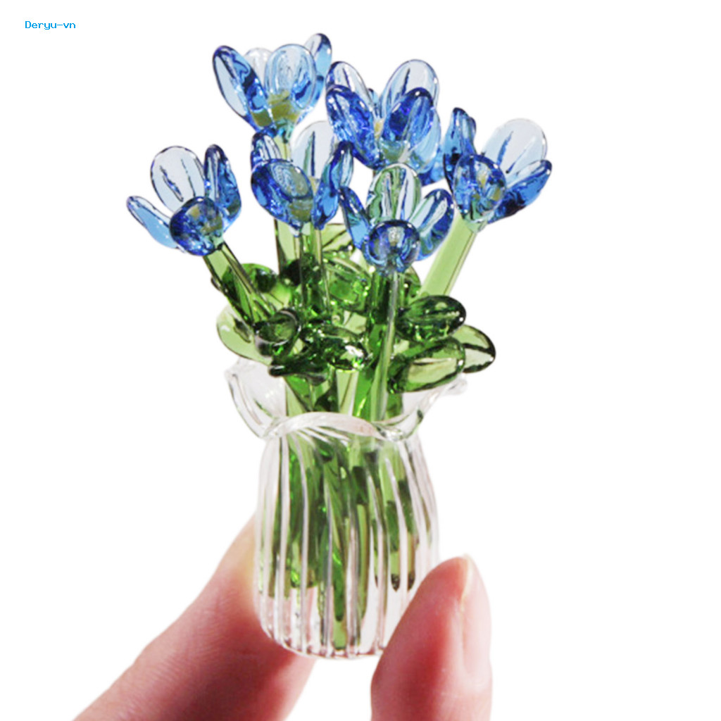 Glass Flower Decor Floral Arrangement Hand-blown Bouquet with Vase – Mini Handmade Decoration Realistic Simulation for