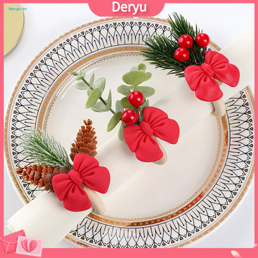 Retro Style Napkin Fasteners Mini Christmas Rings Bow Wooden Holders with Berries and Pine Cones Festive Table Decor for