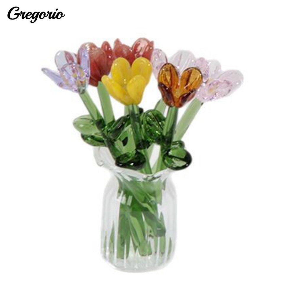 Glass Flower Decor Floral Sculpture Bouquet with Vase Hand-blown Mini Decoration Handmade Simulation Flowers for Home Ro