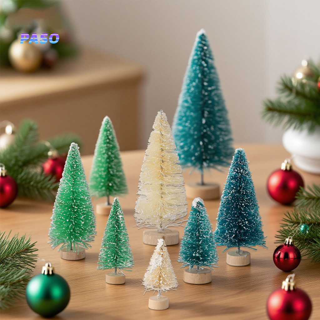 Small Pine Tree for Decor Christmas Mini Bottle Brush with Wooden Base Artificial Sisal Tabletop Ornament Winter Snow Fr
