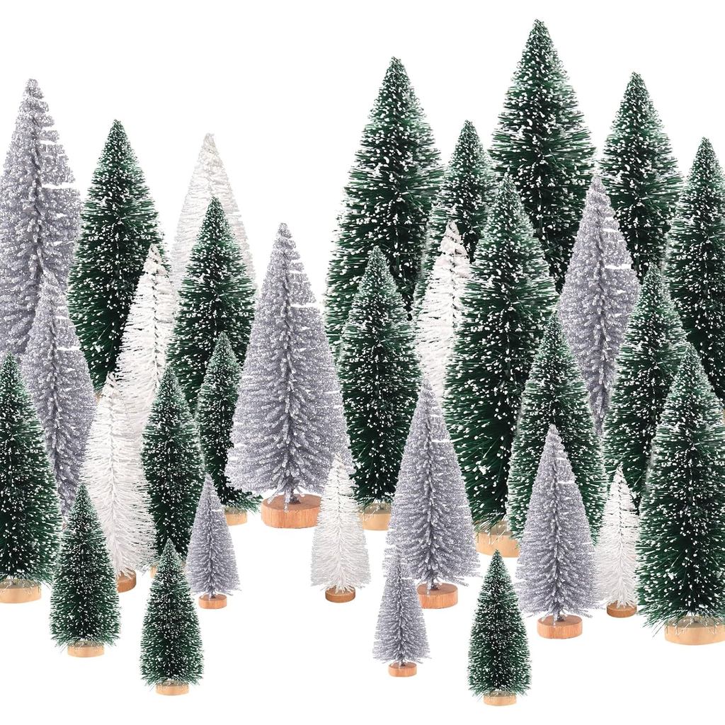 30Pcs Mini Christmas Trees Artificial Bottle Brush Tree with Wooden Base for Christmas Decor (White+Silver+Dark Green)