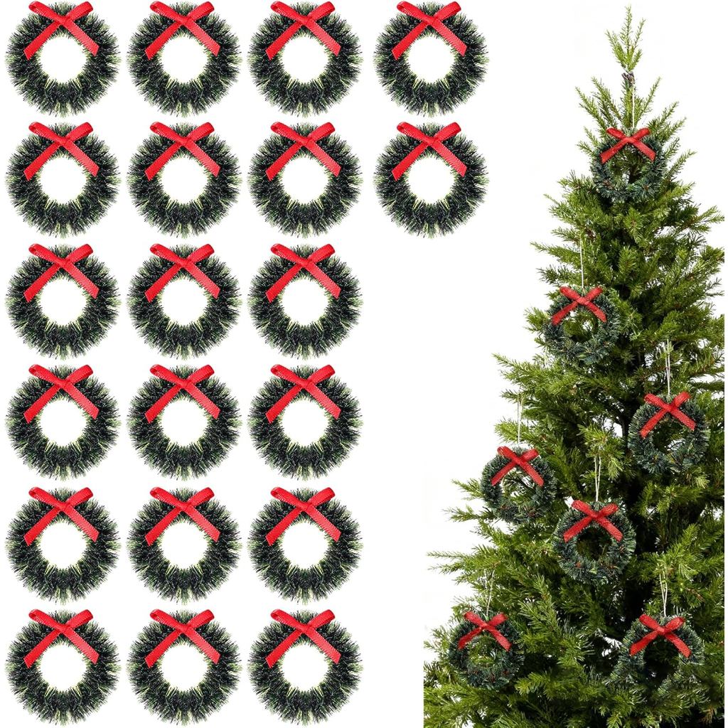 FAVOMOTO 20-Pack Mini Christmas Wreath Ornaments Dollhouse Decoration – Small Hanging Xmas Wreaths for Dollhouse Décor M