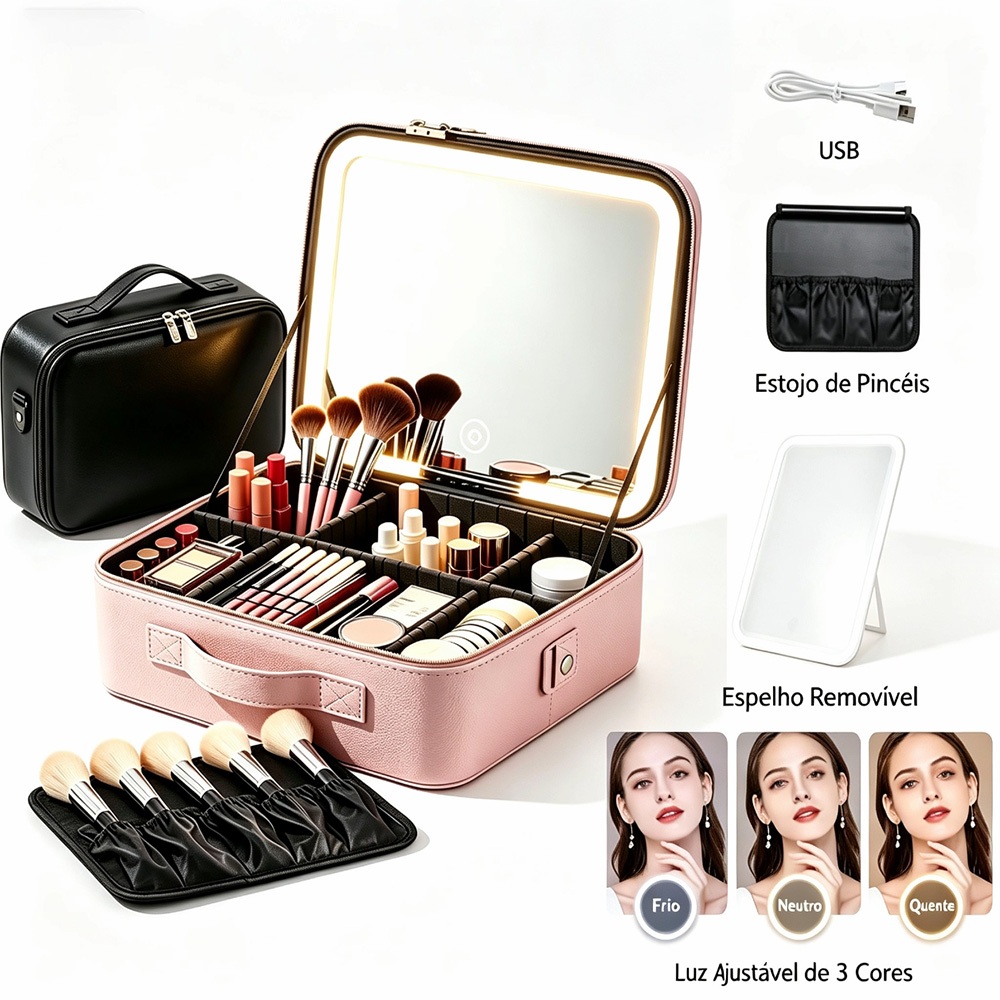 Complete Professional Makeup Case Kit With Mirror and Led Light and Makeup Palette Q10