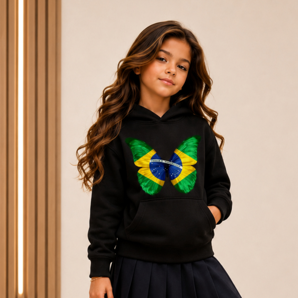 Moletom Feminino Infantil E Juvenil Borboleta Patriótica Copa Brasil Flanelado Mini Diva Torcedora Meninas