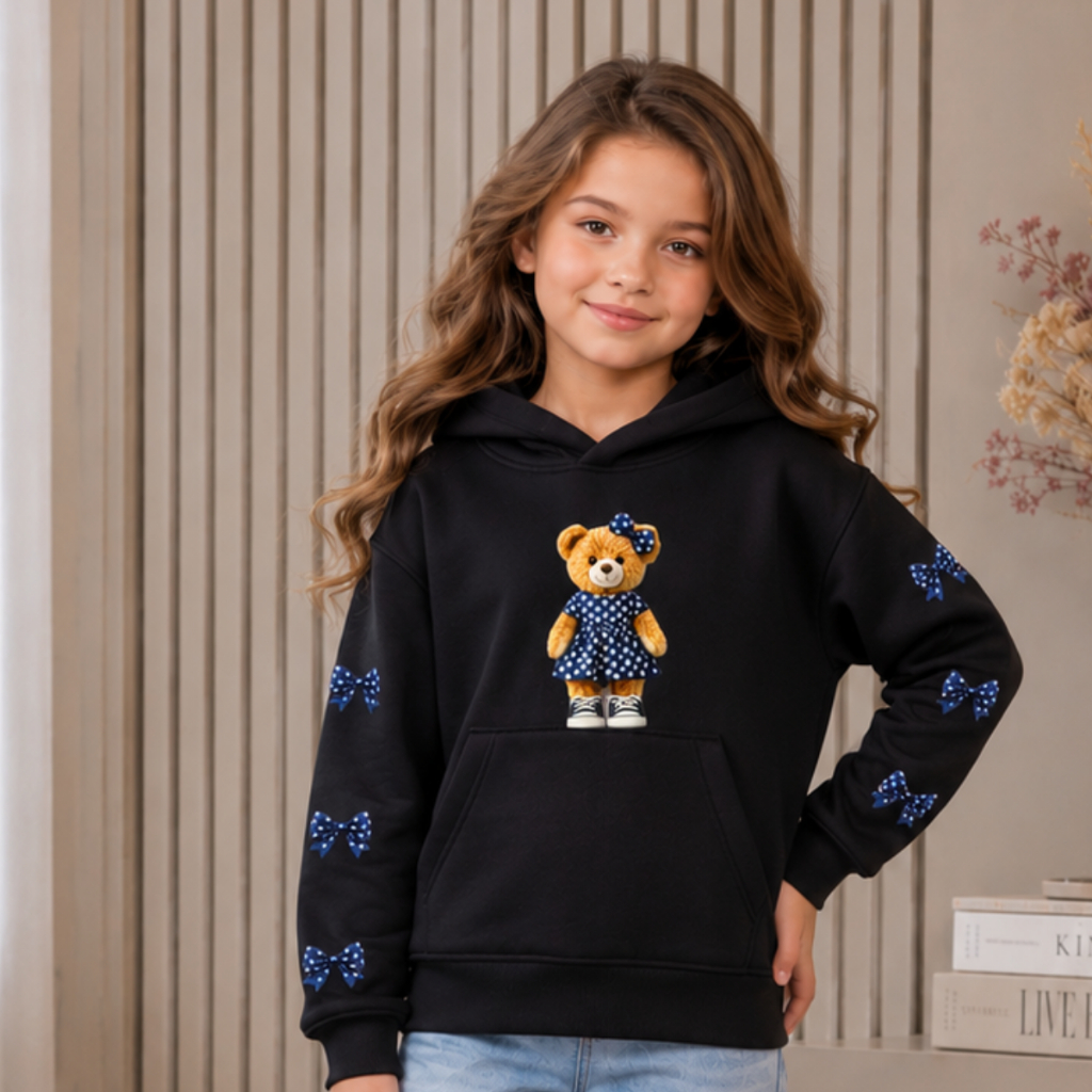Blusa De Moletom Infantil Ursa Inverno Roupa De Frio Peluciada Laços Moderna Mini Fashionista Estilosa