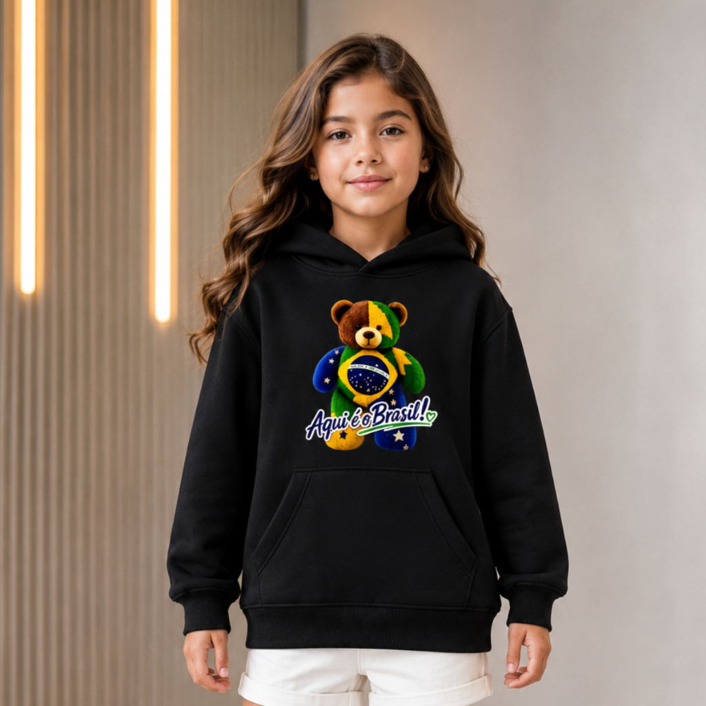 Moletom Infantil Juvenil Ursinho Brasil Flanelado Inverno Copa Do Mundo Capuz Mini Patrióta Diva