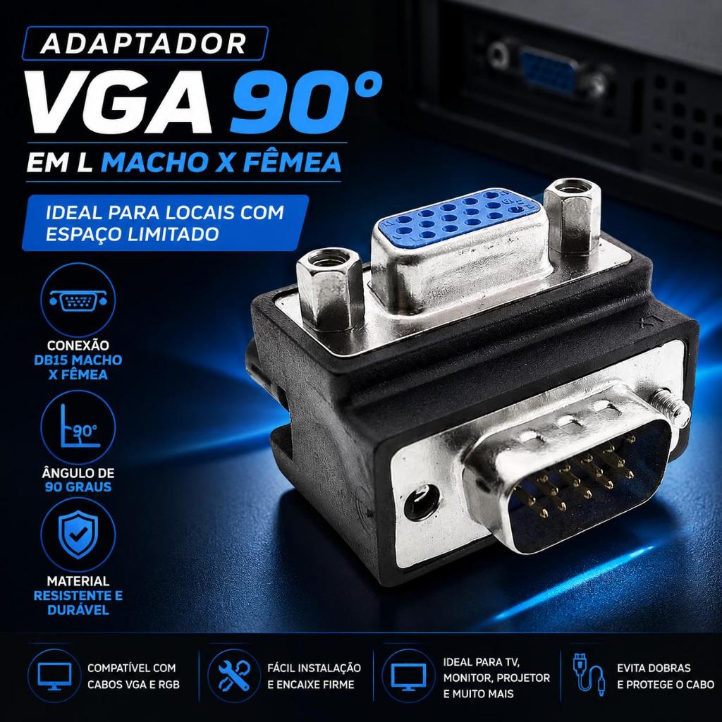 Adaptador VGA 90 Graus Em L Db15 Macho Fêmea HD15 RGB Para TV Monitor Projetor Espaço Reduzido Preto top
