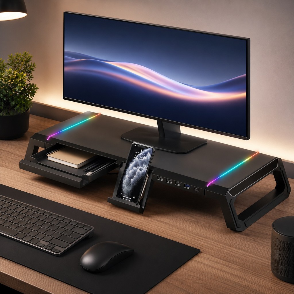 Suporte Multifuncional para Monitor Gamer RGB LED 4 USB 2.0 Ajustável Antiderrapante Mesa AIO-2765 MKII