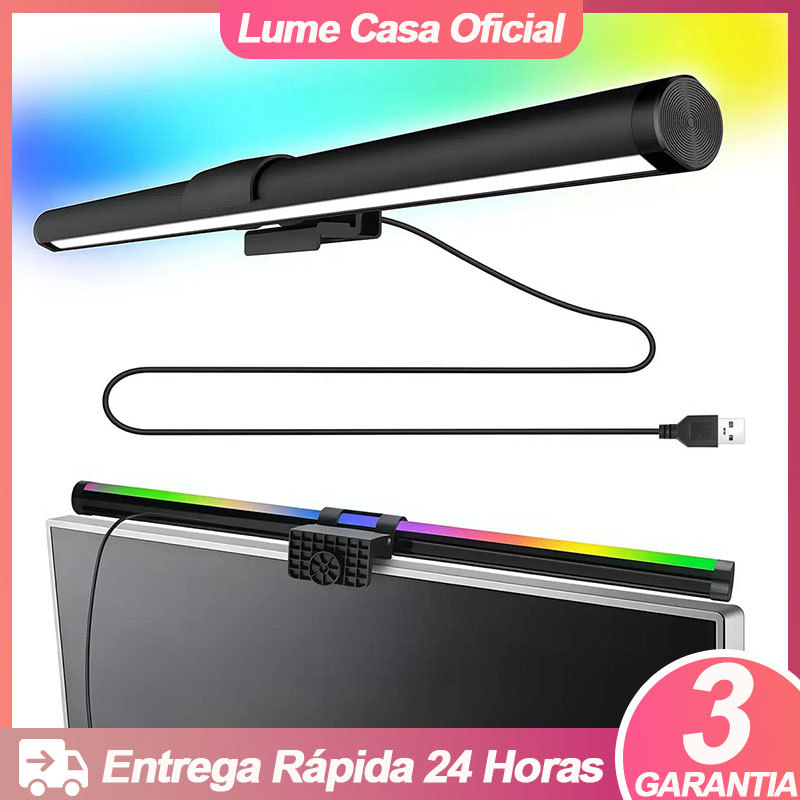 Luminária Barra Led Computador Monitor RGB Tons Regulável Preto 12V