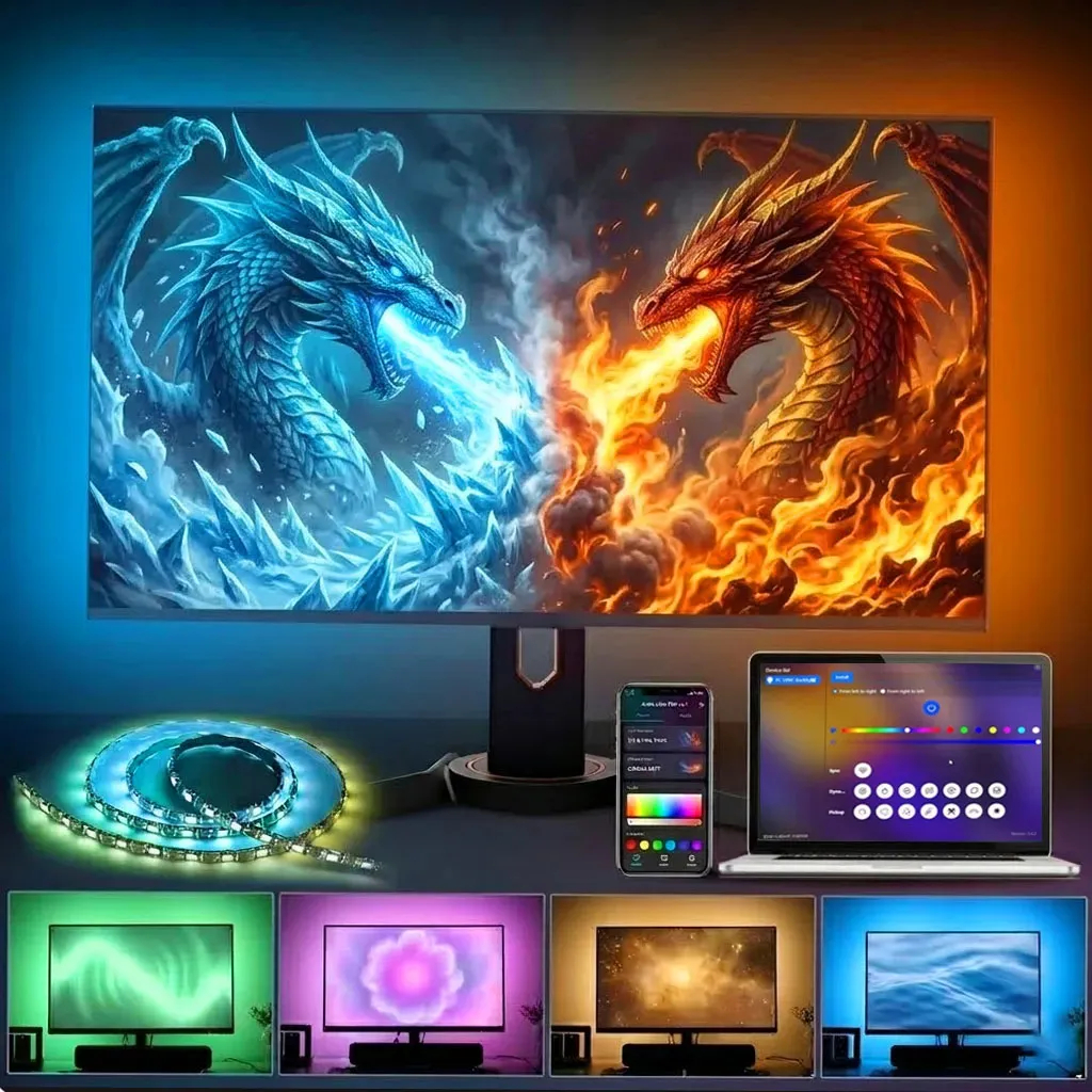 Fita LED Smart Wi-Fi Olafvi Monitor 24 RGB Neon Com Sincronização De Cores Da Tela Para PC Setup Gamer Compatível Alexa