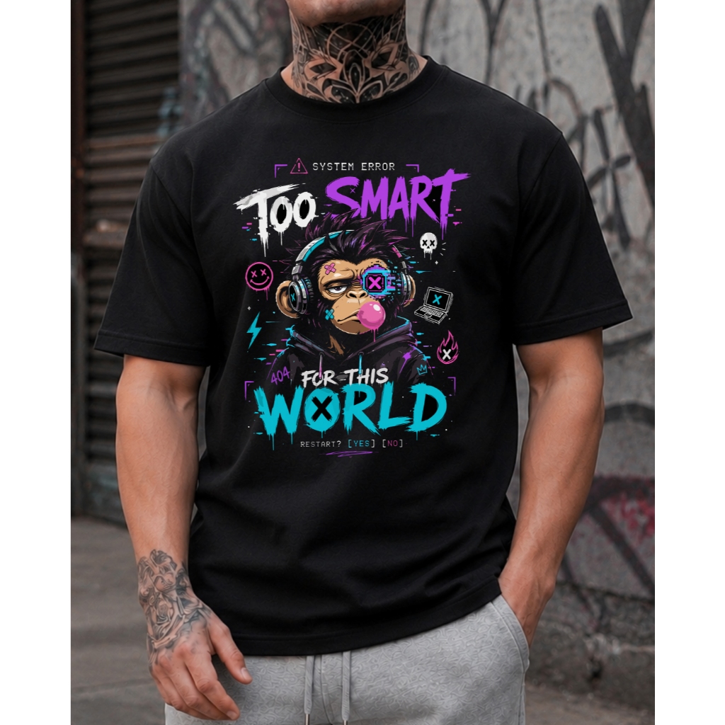 Camiseta Masculina Preta Macaco Gamer Too Smart for This World Cyberpunk Neon Streetwear 100% Algodão Fio 30.1