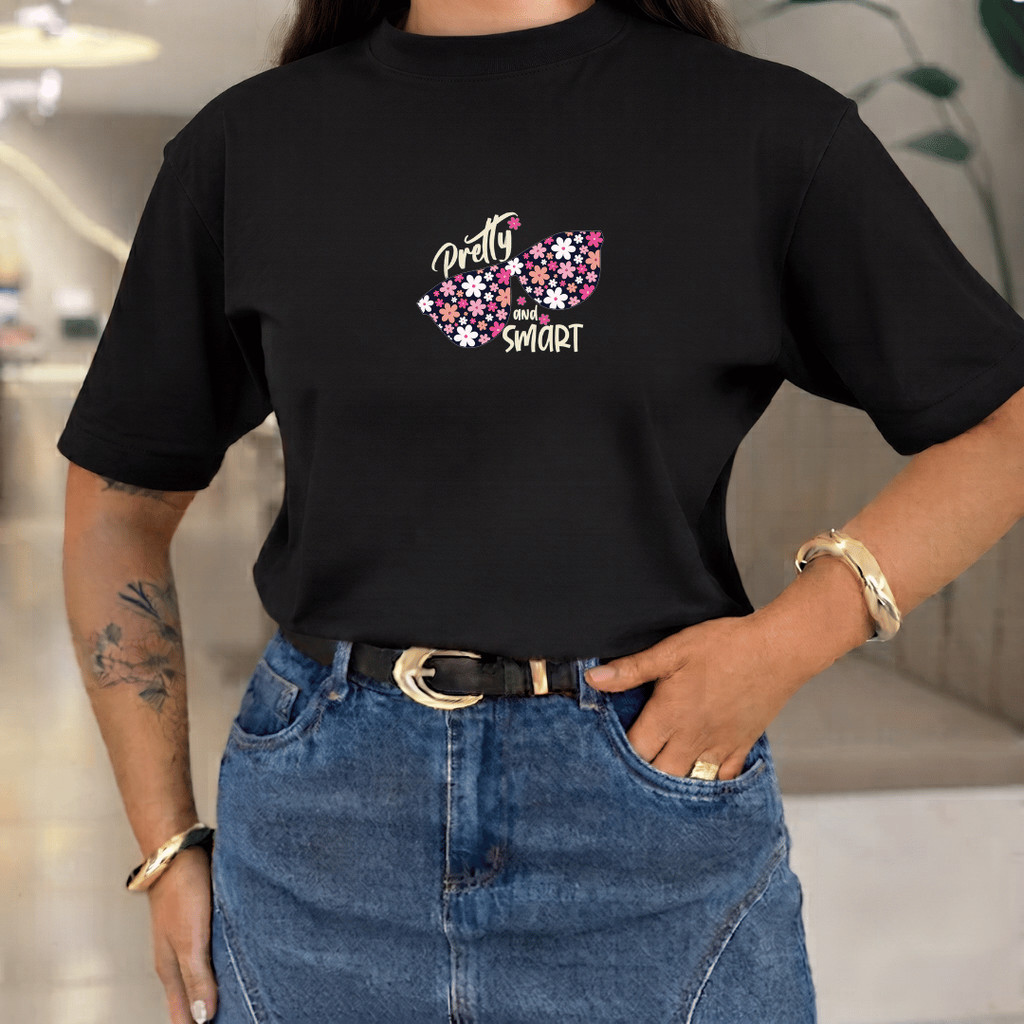 camiseta camisa feminina estampada 100% moda verão pretty amd smart oculos com flores
