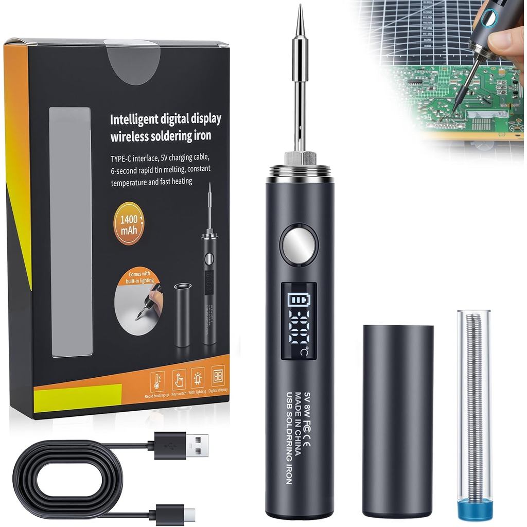 Cordless Soldering Iron Kit, 1400mAh Rechargeable Cordless Soldering Iron, 7 Seconds Fast Heating(500°F-788℉), LED Light