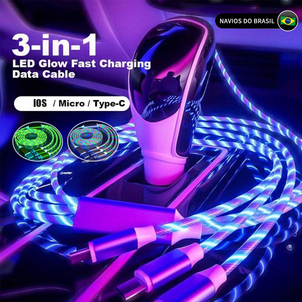 3 IN 1 LED Lights Cable Data Micro USB Android Colorful Charger usb Type C Android Fast Charging ios