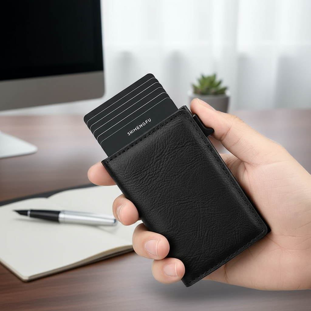 Carteira masculina de fibra de carbono RFID, suporte de cartão magnético de alumínio com clipe de dinheiro, estilo