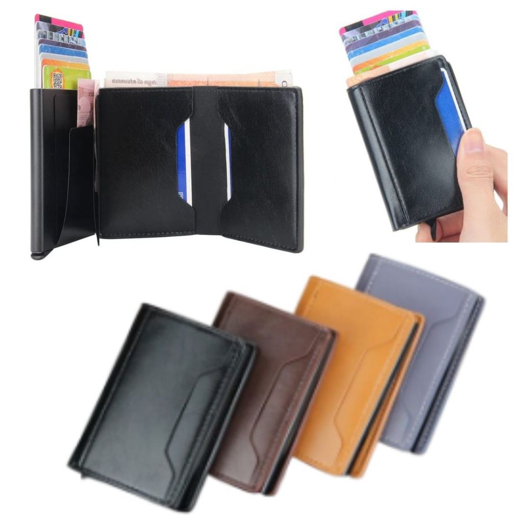 Carteira De Couro PU Rfid Masculina Unissex Porta Cartão Slim Alumínio Anti-Magnético- SUN-708