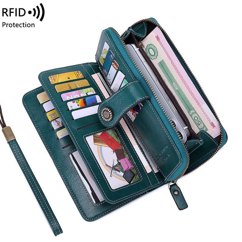 RFID Carteira Anti-Magnetic Feminina Novo Europeu E Americano Óleo Cera De Couro Grande Capacidade Bolsa De Mão