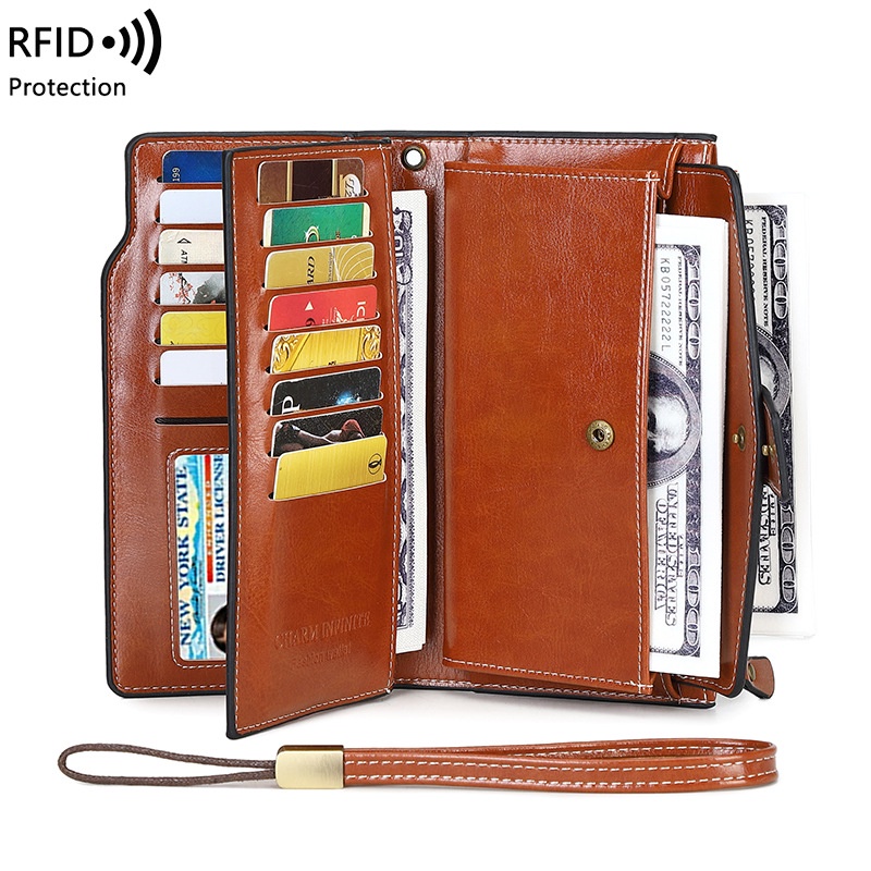 Carteira Anti-Magnetica RFID 2024 Nova Feminina De Cera Óleo De Couro Europeu E Americano De Grande Capacidade Bolsa De Mão
