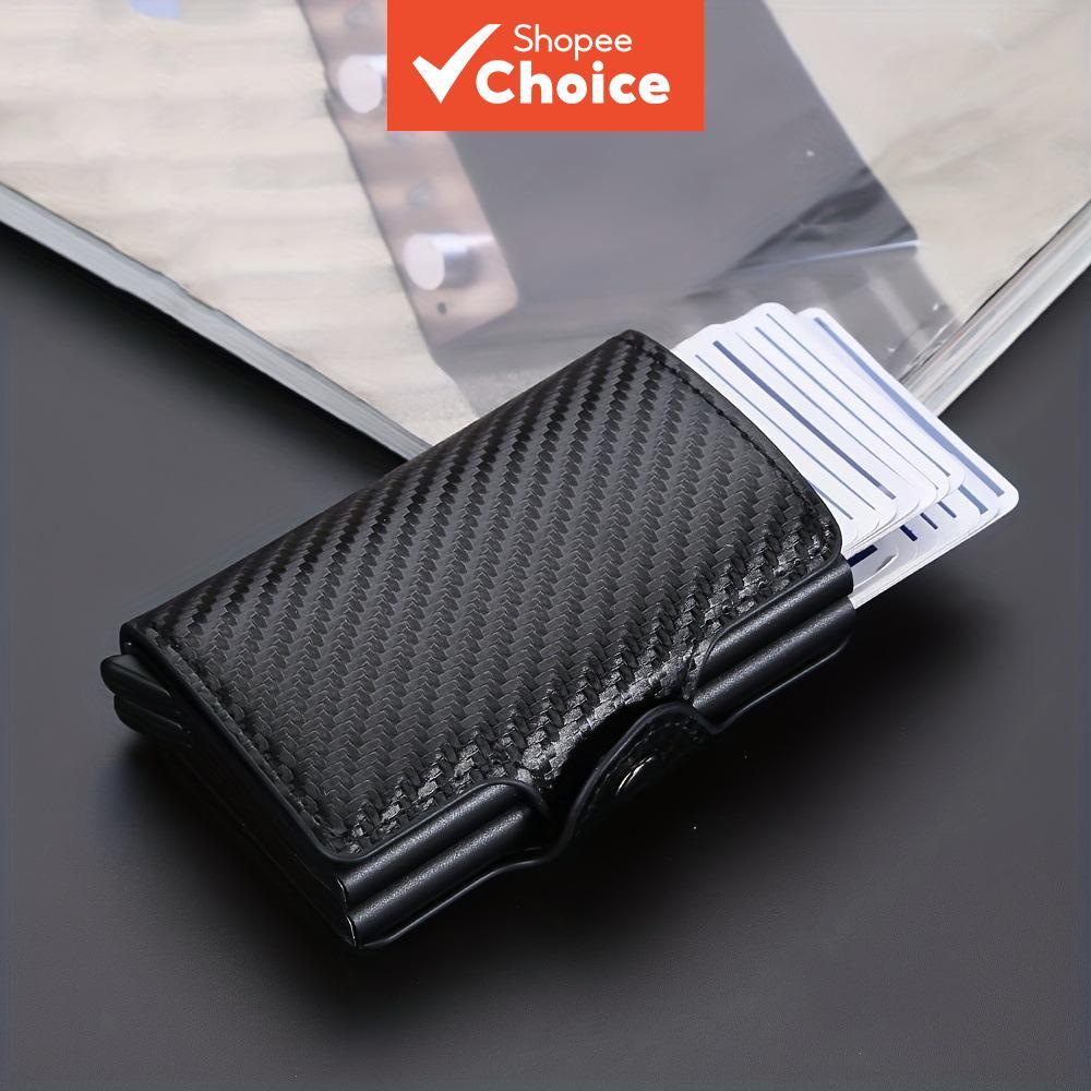 Estojo Para Cartão Pop Automático RFID Com Slot Duplo Masculino Curto De Fibra De Carbono Fecho Magnético Antirroubo