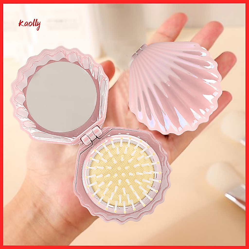 2-in-1 Mini Air Cushion Hair Brush with Foldable Makeup Mirror – Portable Travel Scalp Massage Detangling Comb for Wom