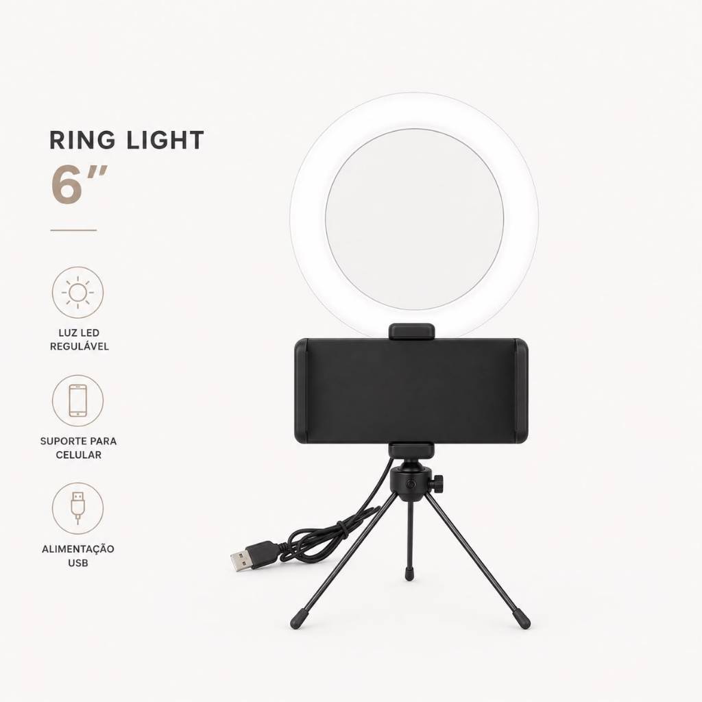 Ring Light 6 Polegadas Portátil Iluminação LED Para Maquiagem Vídeos Lives Fácil Montagem Premium