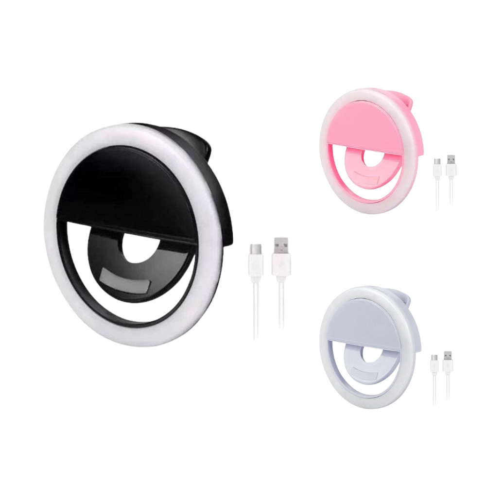 Mini Ring Light Anel Luz Led Portátil para Celular Fotos Selfie Flash Preto Rosa Branco