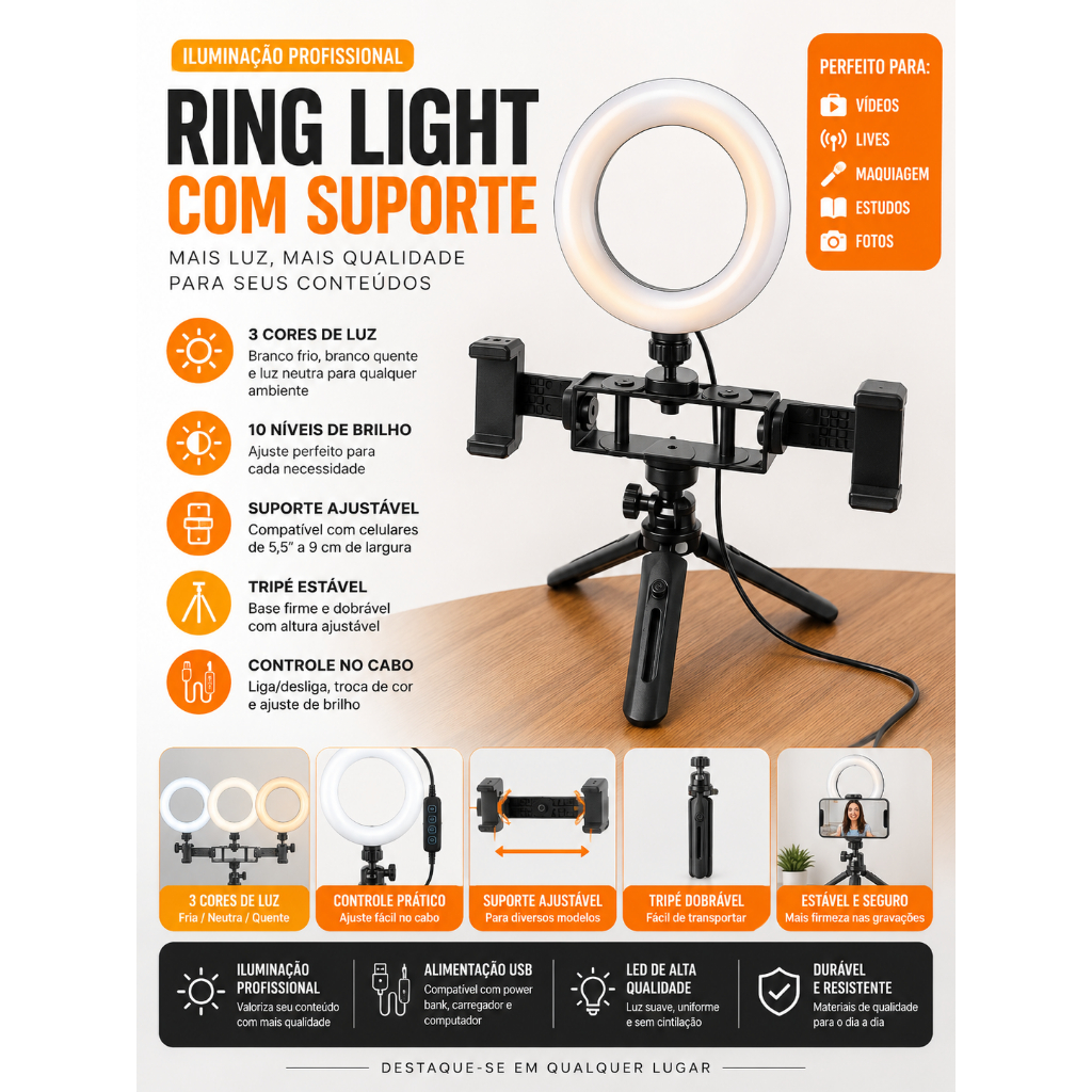 Ring Light Com Suporte K316 Pequeno e Portátil Suporta Dois Celulares
