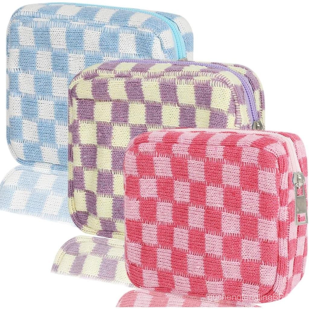 KOTORA 3pcs Checkered Mini Makeup Bag Pocket Cosmetic Bag Portable Aesthetic Preppy Makeup Bag for Women Mini Travel Mak