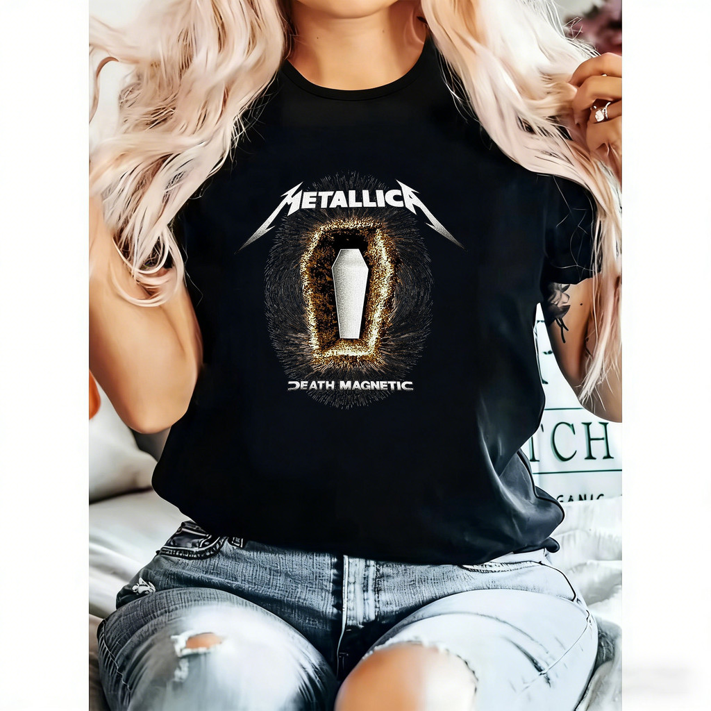 Camiseta Feminina Metallica Death Magnetic Estampa Branca Preta Marrom Moderna Estilosa Tendência
