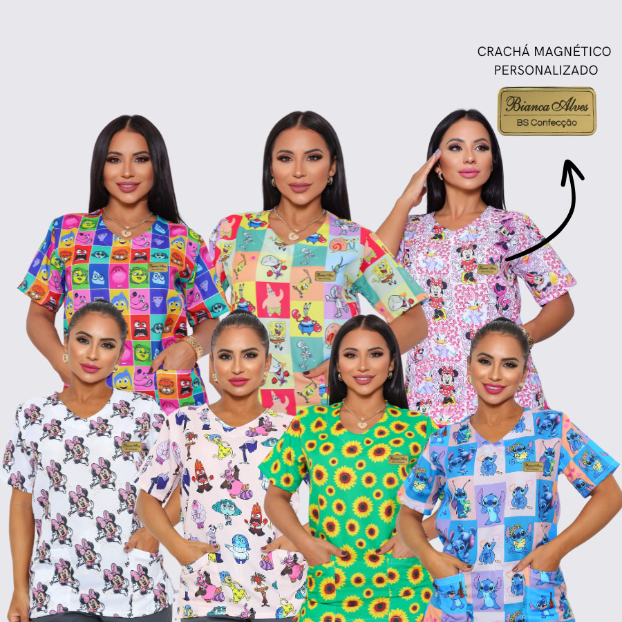 Blusa Bata Oxford Estampado + Crachá Magnético Personalizado  Toque Macio Não Amassa Uniforme de Clinica