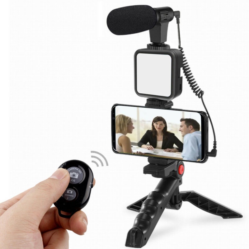 KIT Smartphone Vlog Kit De Vídeo Com Tripé Microfone Led Luz Suporte Do Telefone Controle Remoto FAST