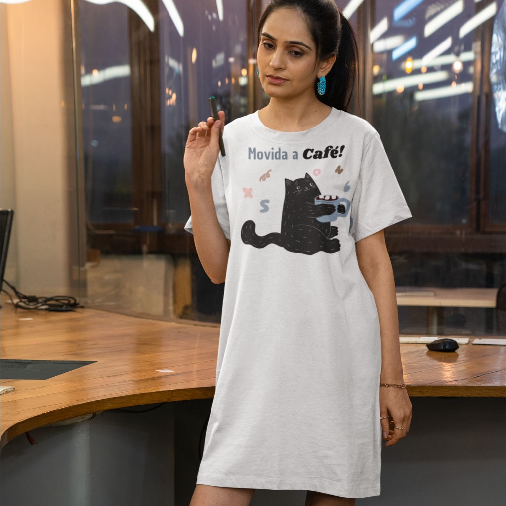 Camisola De Manga Dress Branca Estampa Movida a Café Gatinho