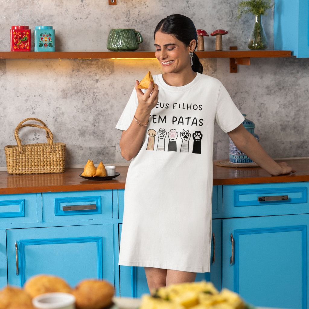 Camisola De Manga Curta Dress Branca Estampa Filhos De Patas