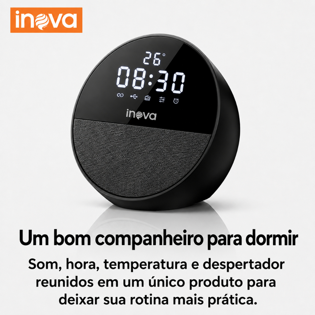 INOVA Caixa de Som Bluetooth 10W Relógio Digital Despertador LED Temperatura Rádio FM TWS USB AUX Portátil