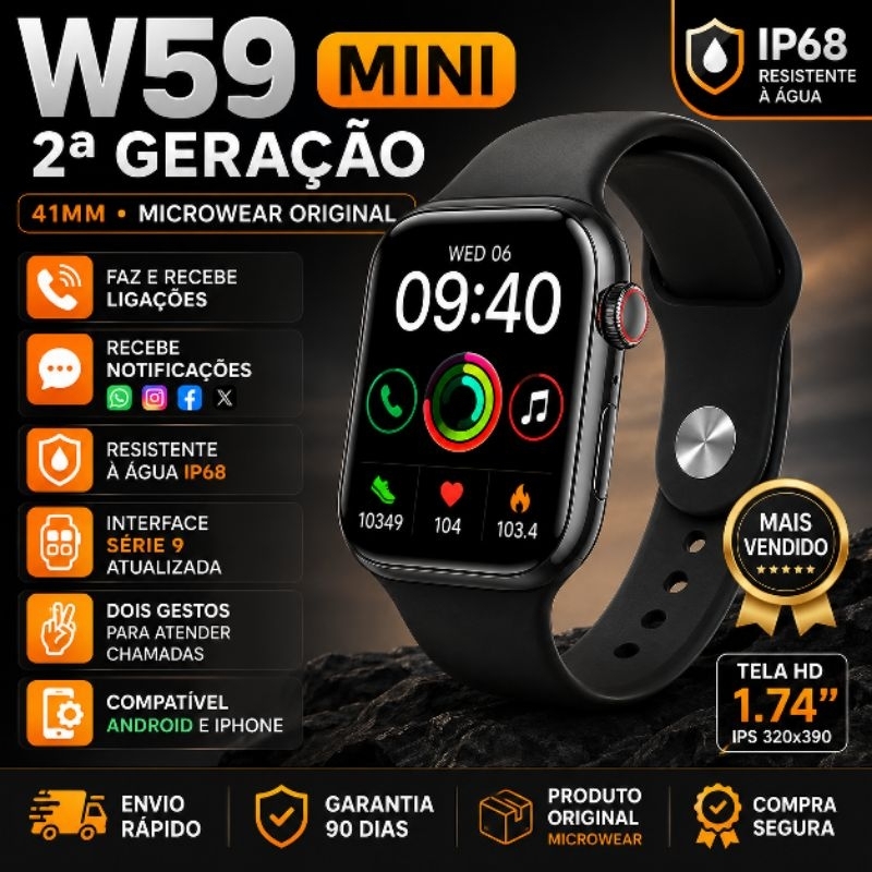 Smartwatch W59 Mini 2ª Geração Microwear 41mm Faz Ligações IP68 Android iPhone
