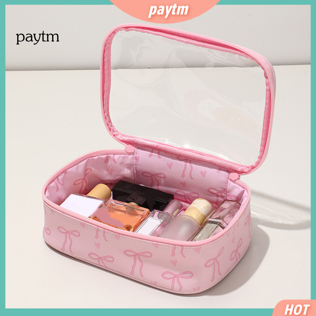 Transparent Window Makeup Bag Cosmetic Case Pink Bow Travel with Portable Pouch Zippered Organizer for Business Trips fo