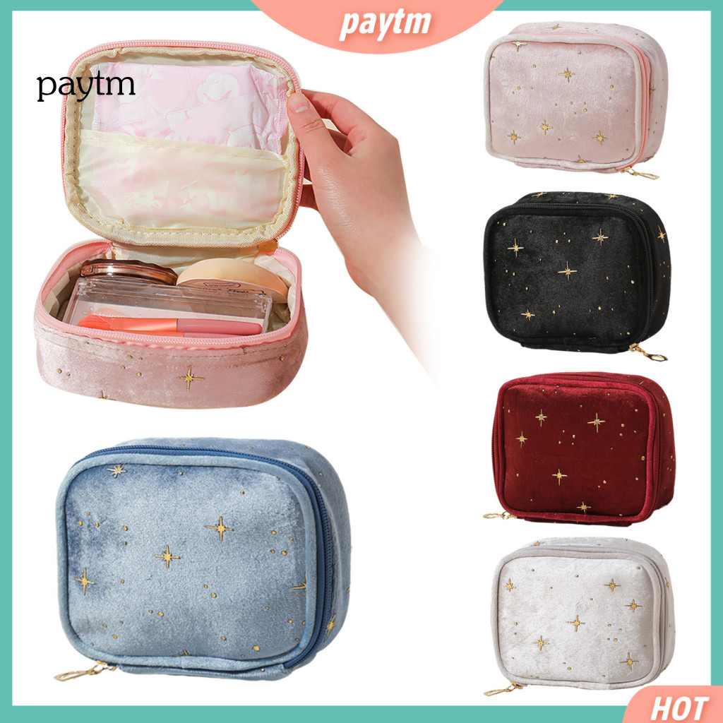 Small Cosmetic Bag Travel Napkin Velvet Makeup for Women Star Pattern Case with Zipper Portable Pouch for Lipstick and E