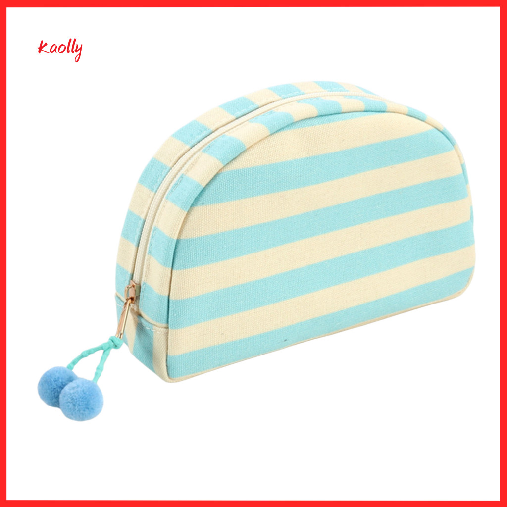 Striped Shell Canvas Cosmetic Bag Travel Makeup Organizer Portable Cute Pouch with Pompoms for Women Girls Toiletries St