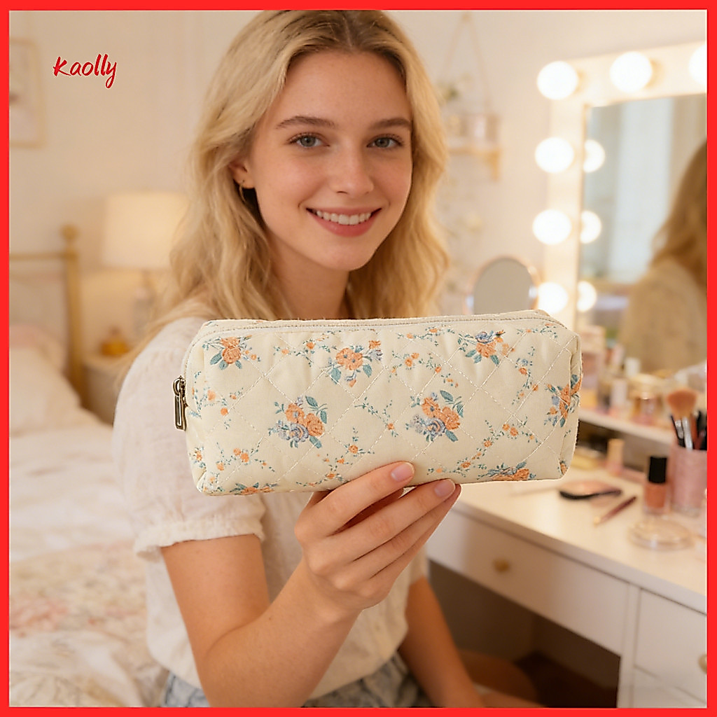 Cute Floral Quilted Cosmetic Bag – Travel Makeup Brush Organizer Zippered Pencil Case Portable Pouch for Women Girls P