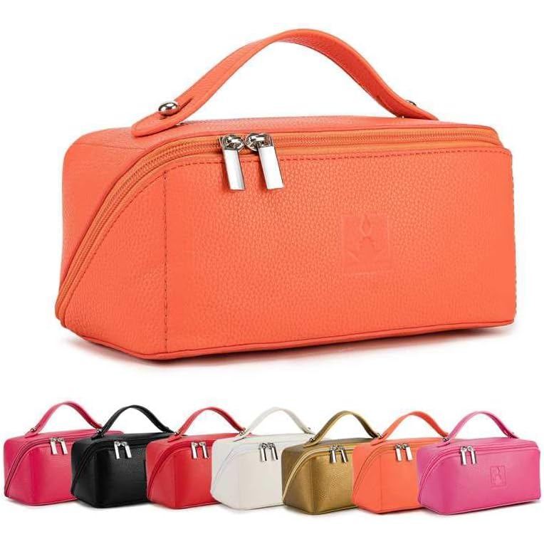 ROYALFAIR Travel Makeup Bag,Large Capacity Cosmetic Bags for Women, PU Leather Waterproof Portable Pouch Open Flat Toile