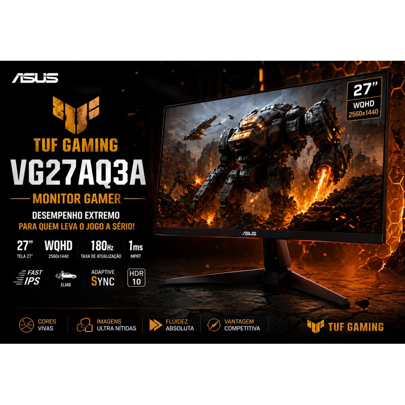 Monitor Gamer ASUS TUF Gaming VG27AQ3A 27” WQHD 180Hz 1ms Fast IPS HDR10