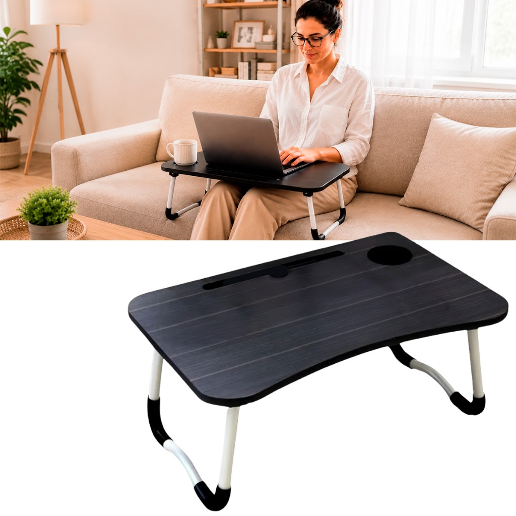 Mesa Portátil Dobrável para Notebook Home Office Cama Estudos Refeição com Porta-Copo e Suporte Tablet MDF