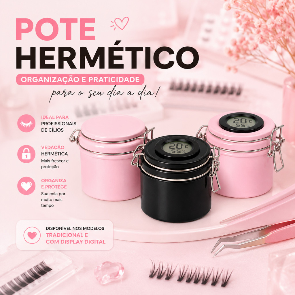Pote Porta Cola Tradicional ou Digital com Higrômetro para Extensão de Cílios Profissional