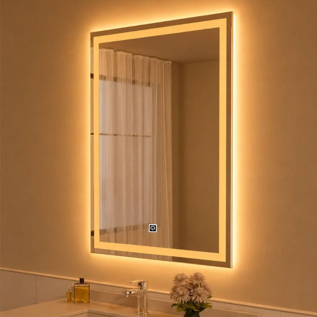 Espelho De Led Orgânico Retangular Touch 3 Cores de Luz com Display Digital 80x60cm Bivolts