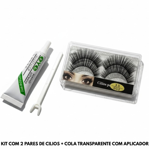 Kit Cílios Postiços 3D 2 Pares + Cola Transparente Waterproof com Aplicador | Volume Natural Maquiagem